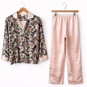 Cacique Vintage Pajama Set Womens Small Pink Satin Floral Paisley Pearl Button